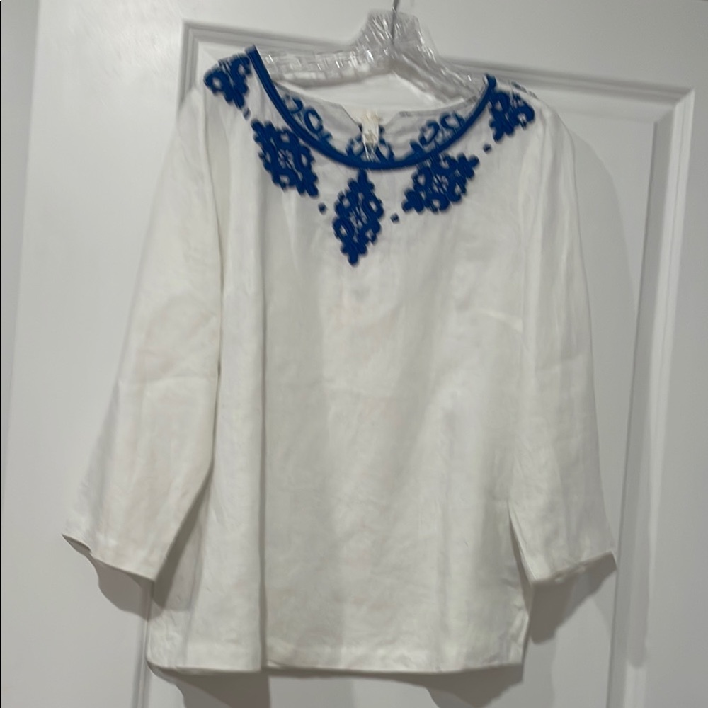 Embroidered White and Blue Women's Top white linen